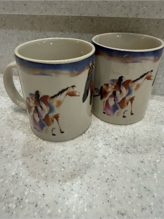 Other - 2 Ceramic Horse Print Mug - Cream with Blue and Brown Accents